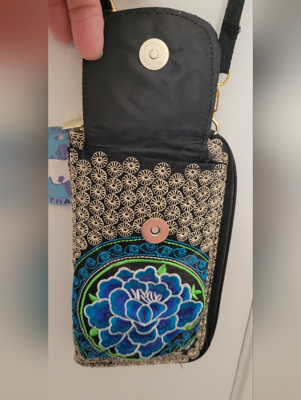 Embroidered Blue Floral Crossbody Wallet - Picture 4 of 9